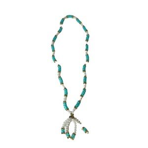 Beaded Necklace Turquoise White Gold Accent Fashion Jewelry Vtg Tassel 20"‎